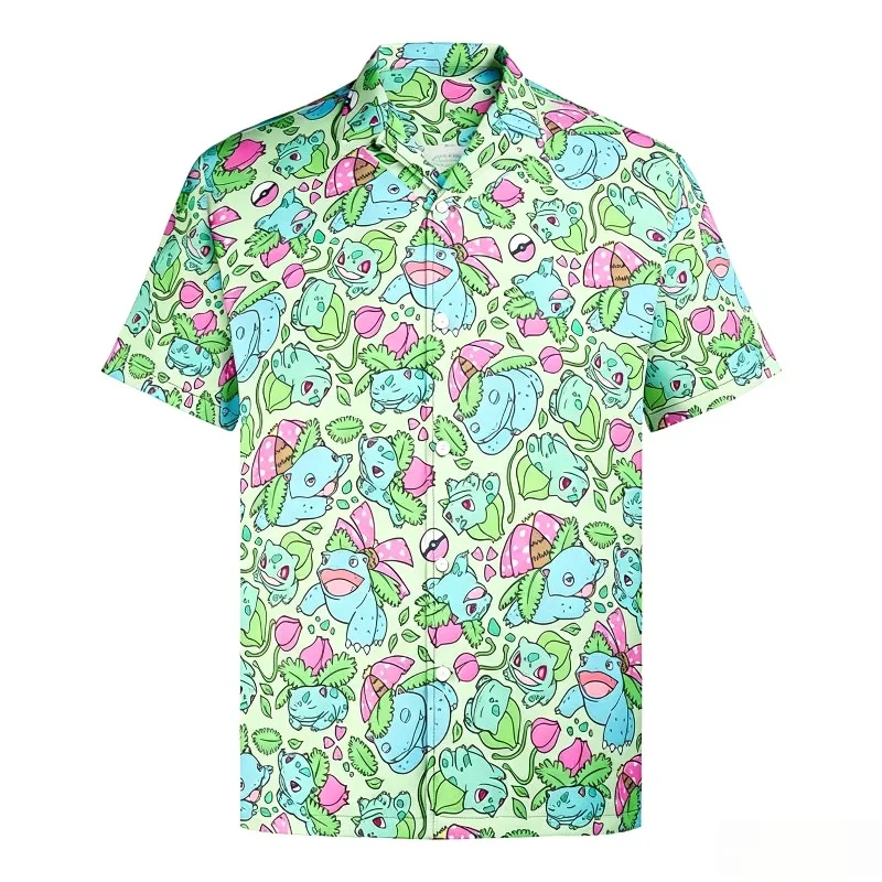 Bulbasaur Seeds Johnny Turtle Full Print Hawaiian Shirt Cuban Collar Casual Short Sleeve Beach Shirt
