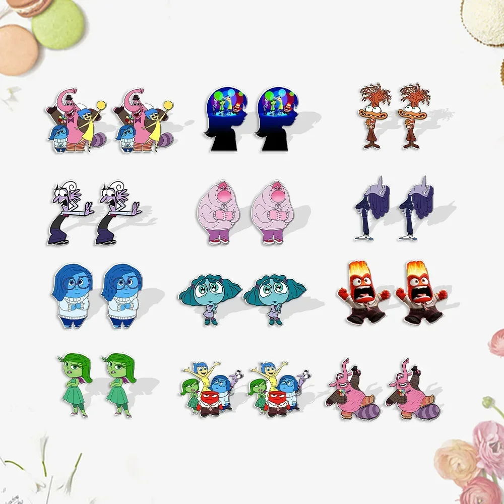 Disney-pendientes de botón de 2 piezas para mujer, aretes de personajes de Anime Kawaii, Joy, Anger, disgusto, triste, miedo, ansiedad, bochorno, Envy, regalo