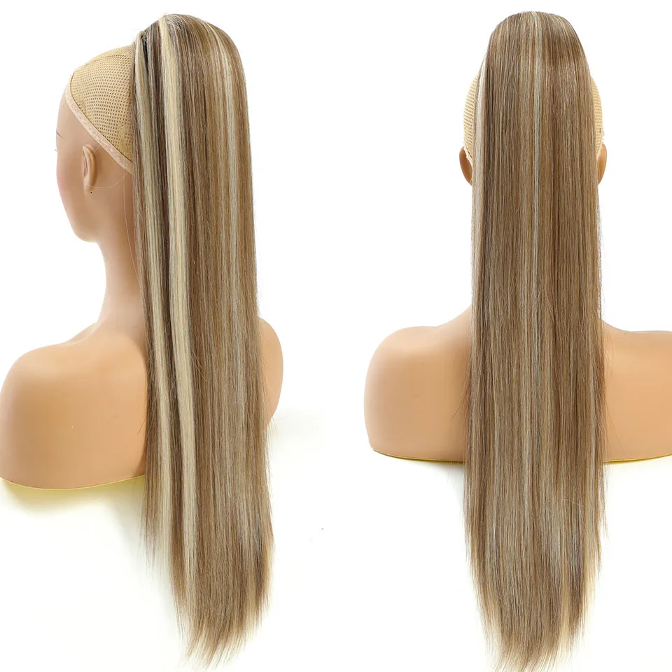 Extensiones de Cabello sintético para mujer, coleta larga y recta con cordón, resaltado Rubio