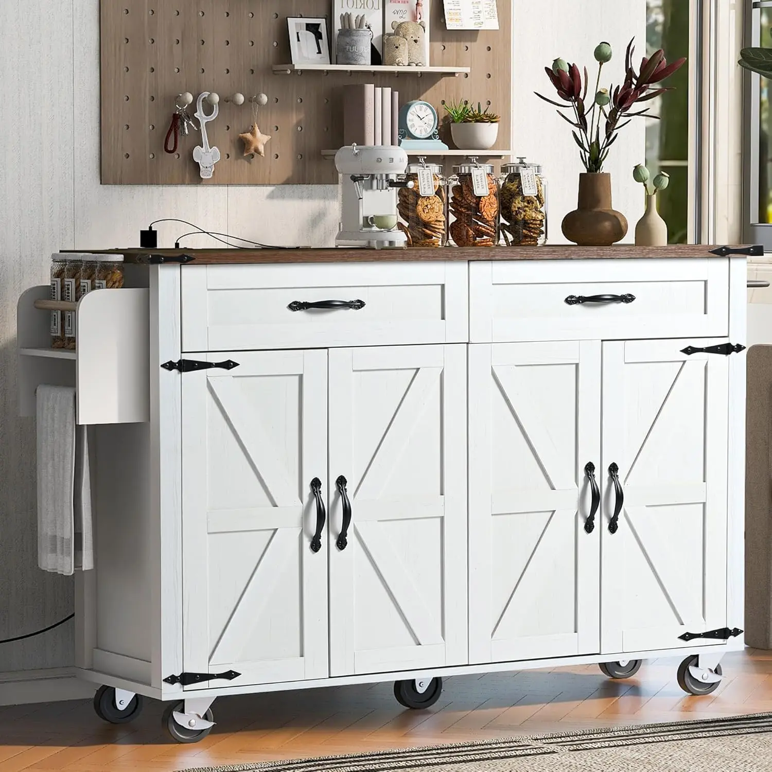 Farmhouse Rolling Kitchen Island with Power Outlet, Drop Leaf Breakfast Bar, Wooden Mobile Storage Island Cart on Wheels with