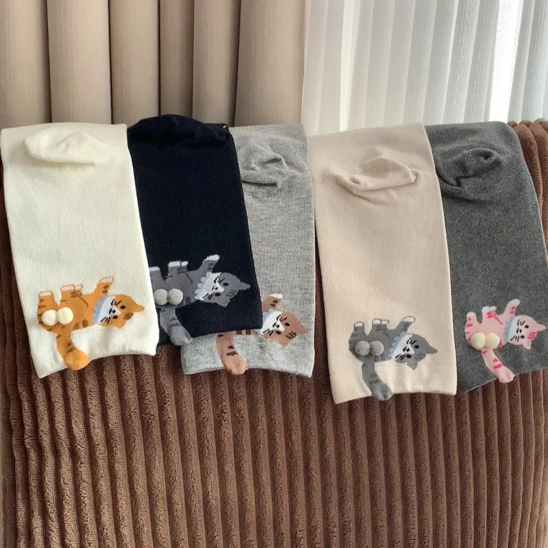 

Женские носки, новые корейские удобные дышащие хлопковые носки для девочек, универсальные милые носки средней длины с забавным котенком Kawaii