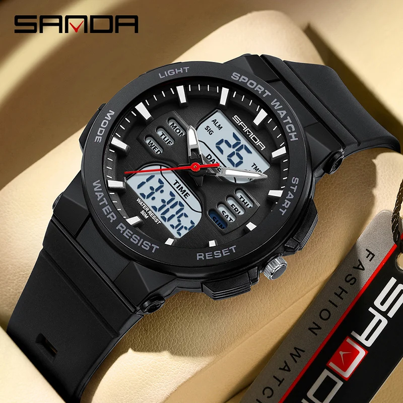 

SANDA Top Luxury Women Quartz Watches Waterproof Luminous Ms Outdoor Sport Watch Dual Display Electron Wristwatch Orologio uomo