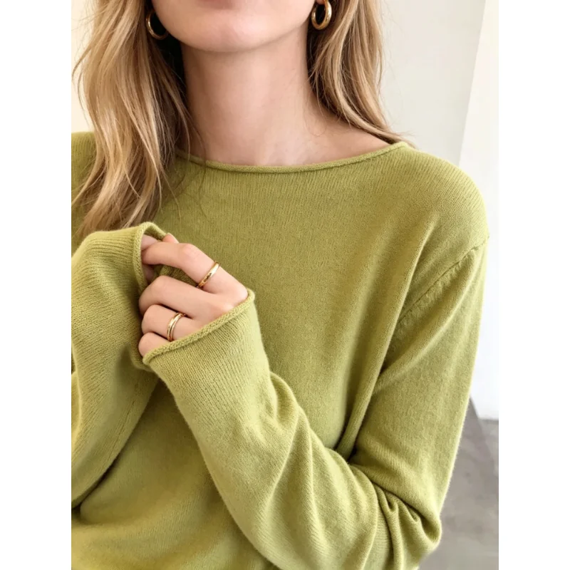 2026 Autumn Women Solid Boat Neck Knit Top Casual Soft Ribbed Split Cuff Stretch Slim Fit Long Sleeve Commuter Inner Shirts