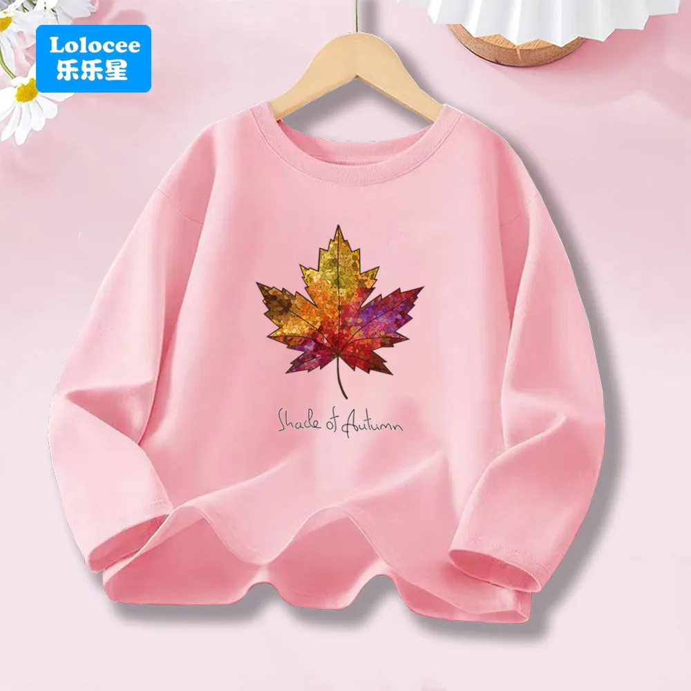 Autumn Maple Leaf Printed Pink Long Sleeve Top for Kids, Cute Casual T-shirt for Girls, Loose Fit Children's Cotton Clothing FY1