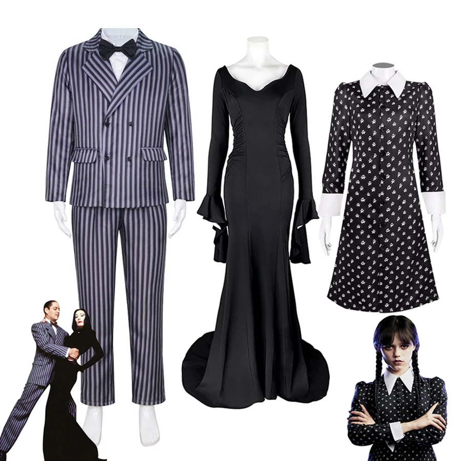 Wednesday Addams Cosplay Costume Dress Morticia Addams Black Gothic Dress Gomez Addams Men Suits Halloween Party Costumes