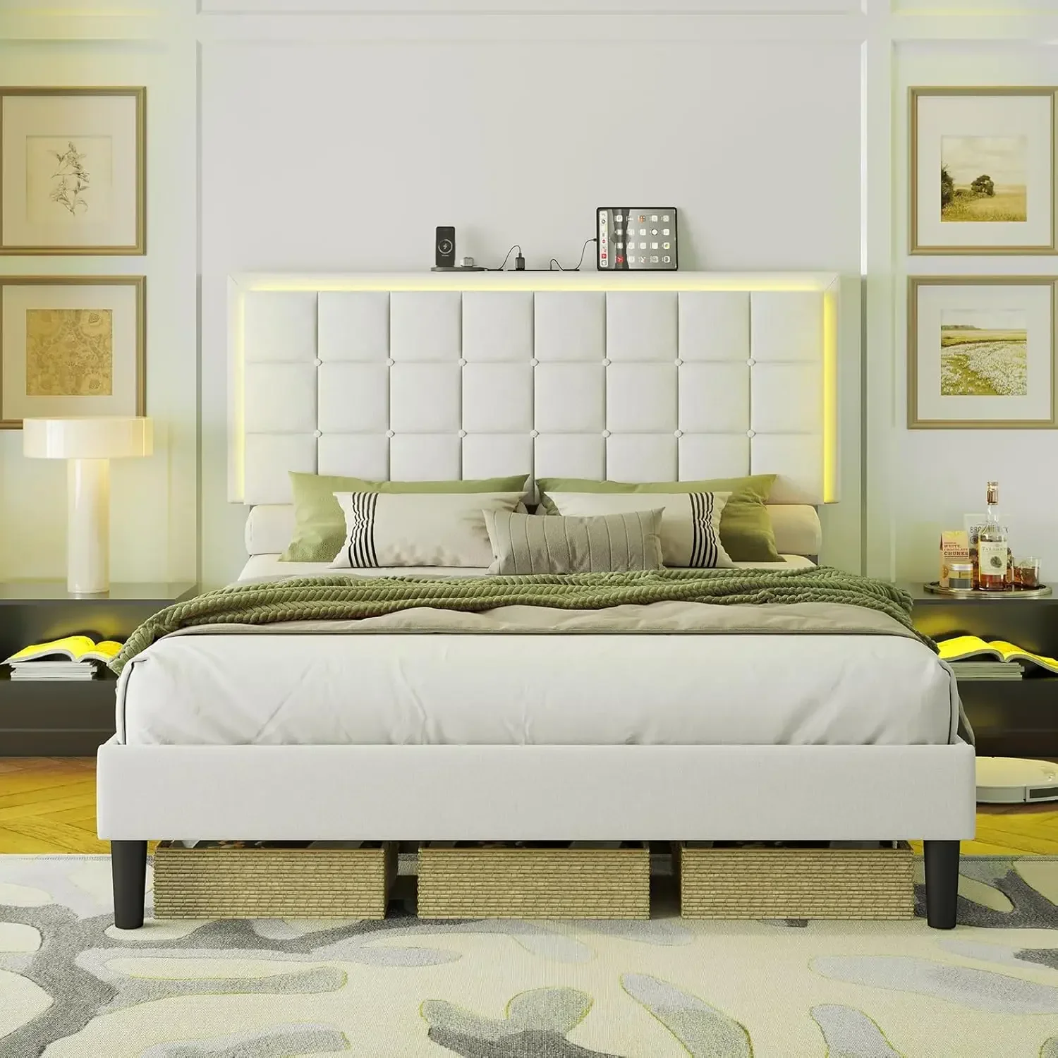 

Full Size Button Tufted Platform Bed Frame with LED Lights, Upholstered Bed Frame with Charging Station, Wood Slat Support,