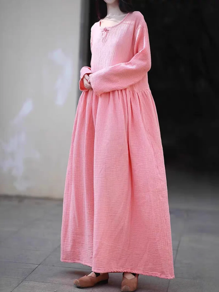 Chinese Style Women's Long Sleeved Spring High Quality Double Layered Cotton Dress Solid Color Vintage Female Casual Dresses