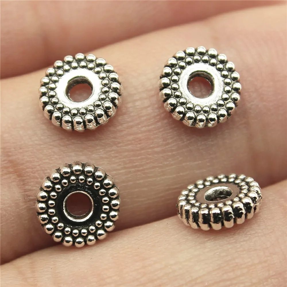 WYSIWYG 20pcs 7x7x2mm Charm Beads Spacer Round Spacer Beads Antique Silver Color Spacer Beads Fit Charm Findings Jewelry Making