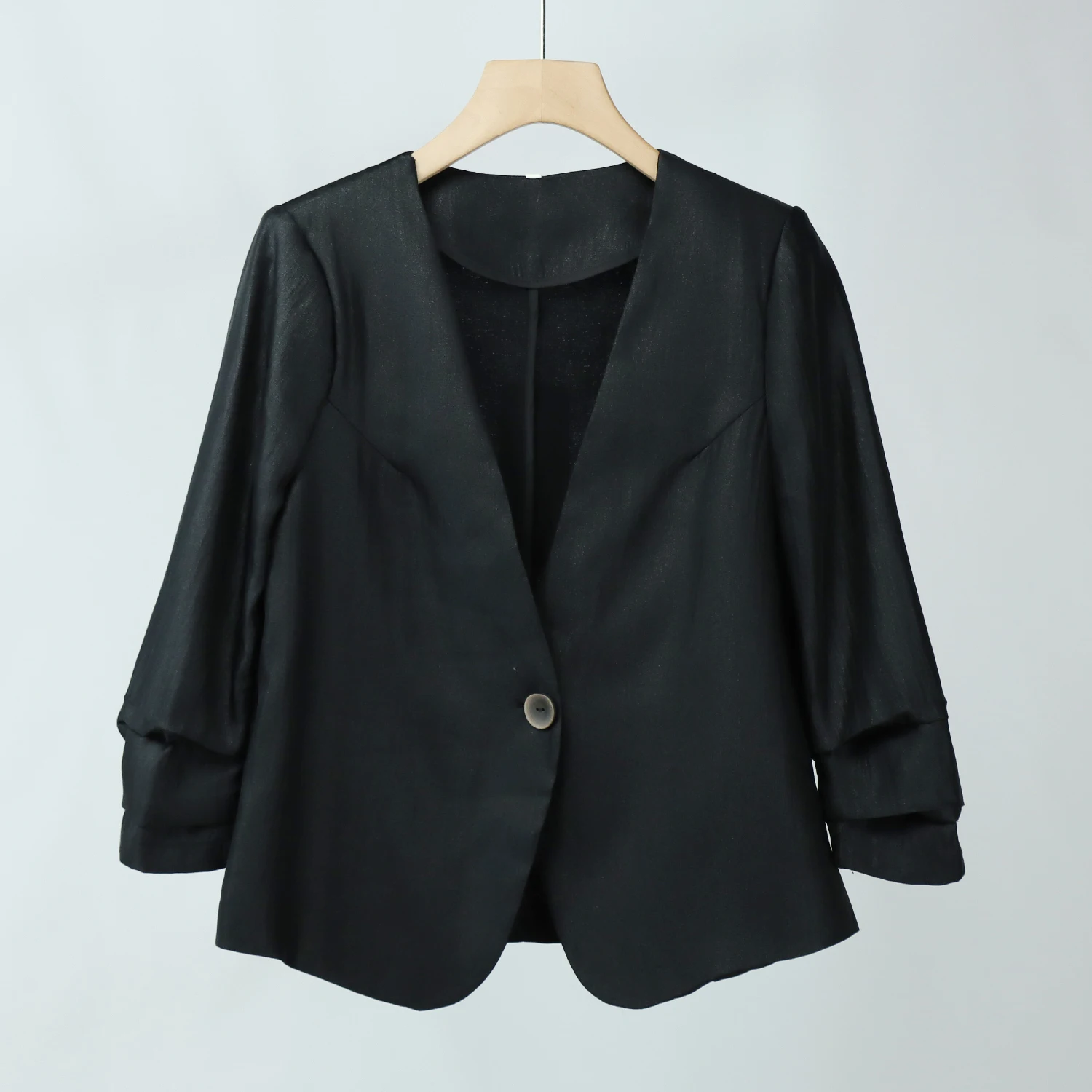 Lightweight V-Neck Suit Jacket Women's New Style Spring Autumn Seven-Quarter Sleeve Pleated Short Length Top Polyester Fiber