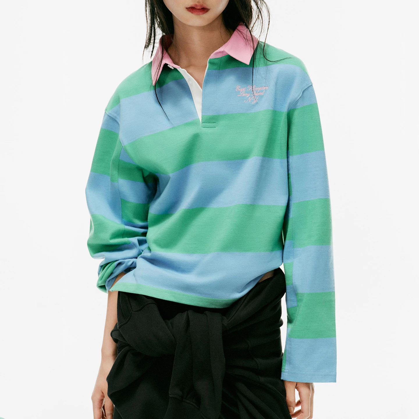 Women's Long Sleeve  Shirt Collar Stripe Color Block Autumn New Style ZADATA Standard Fit T-Shirt Other Material 100%