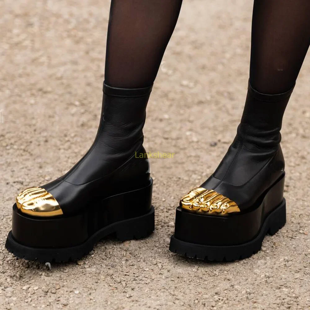 

Золотые ботильоны на платформе с пятью пальцами, пикантные модные женские современные ботинки с круглым носком, смешанные цвета, новые поступления