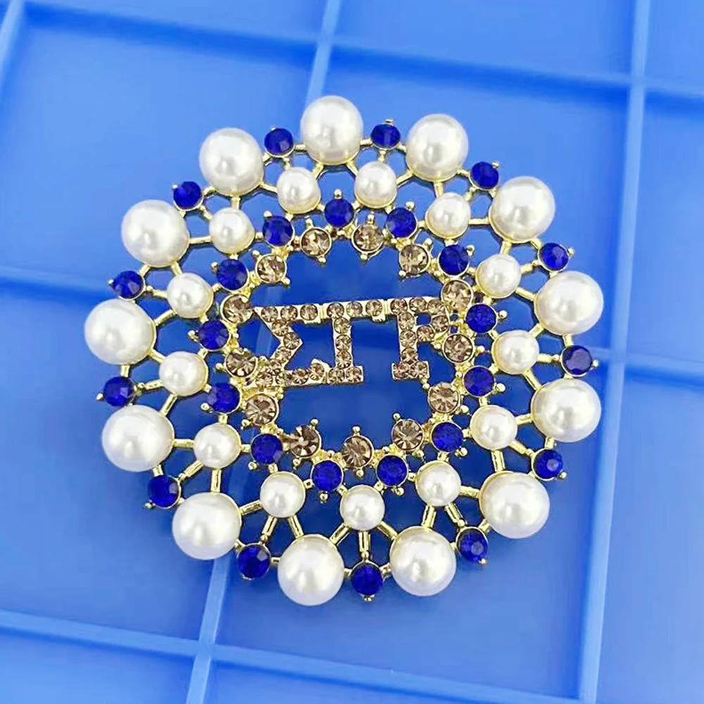 Metallic Blue Yellow Sorority Pearl Letters Sigma Gamma Rho Round Brooch