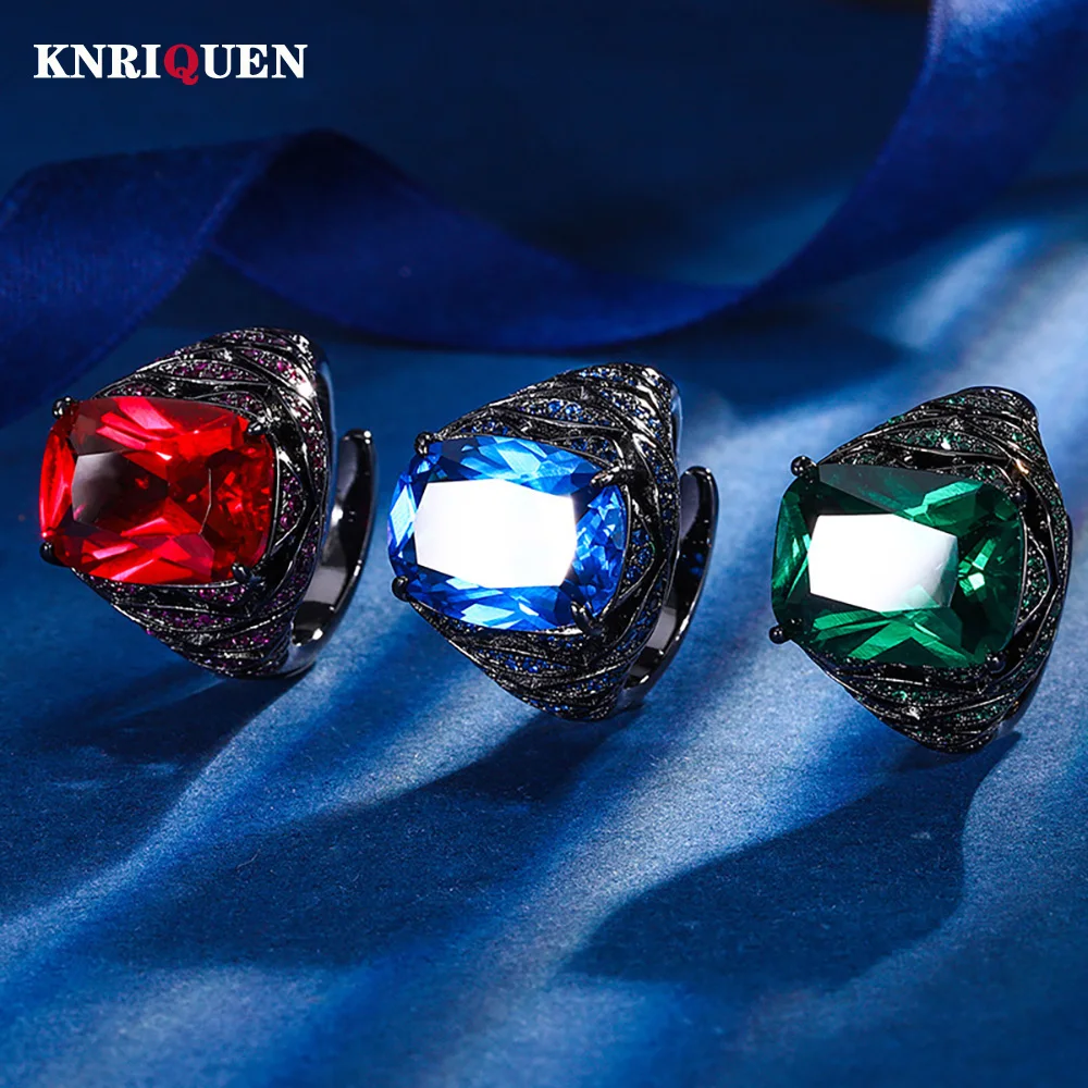 

2024 Vintage 12*16MM Ruby Sapphire Emerald Ring Gemstone Party Fine Jewelry Black Ring for Women Lady Accessories Bithday Gifts