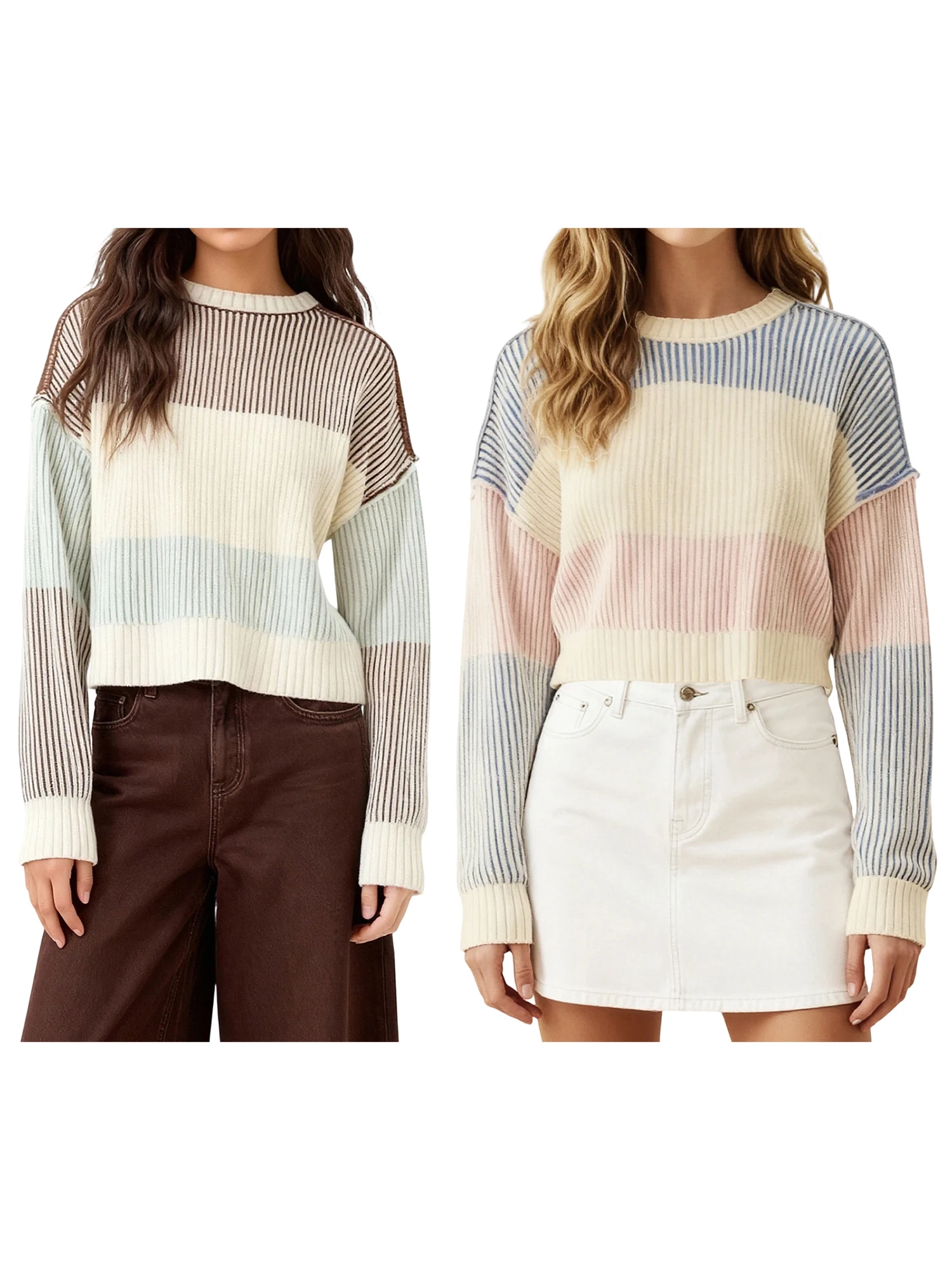 

Женский уютный вязаный пуловер с длинными рукавами и круглым вырезом в стильных контрастных цветах на осень и зиму