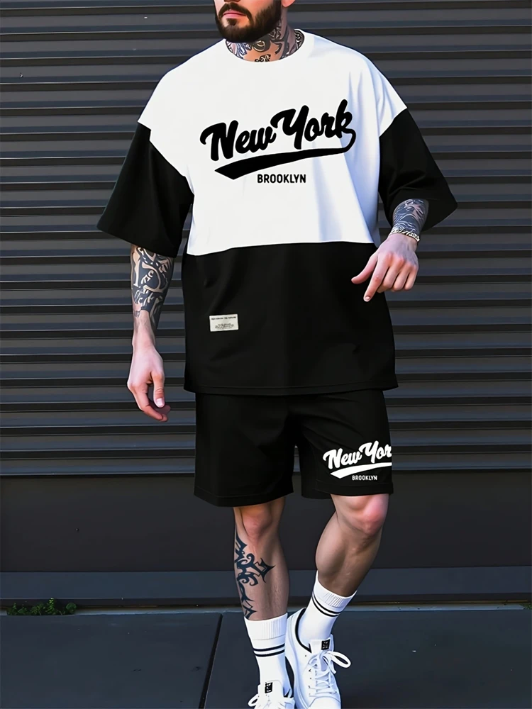 New Summer Men's Outdoor Sports Short Sleeve Breathable Suit Letter Pattern Design Leisure Fashion Street Style Two Piece Set