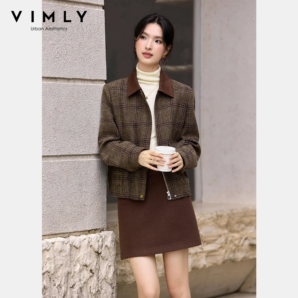 

VIMLY Women's Plaid Wool Coat 2025 Winter Contrast Turn-Down Collar Zipper Front Jacket Warmth Office Women's Clothing A3191