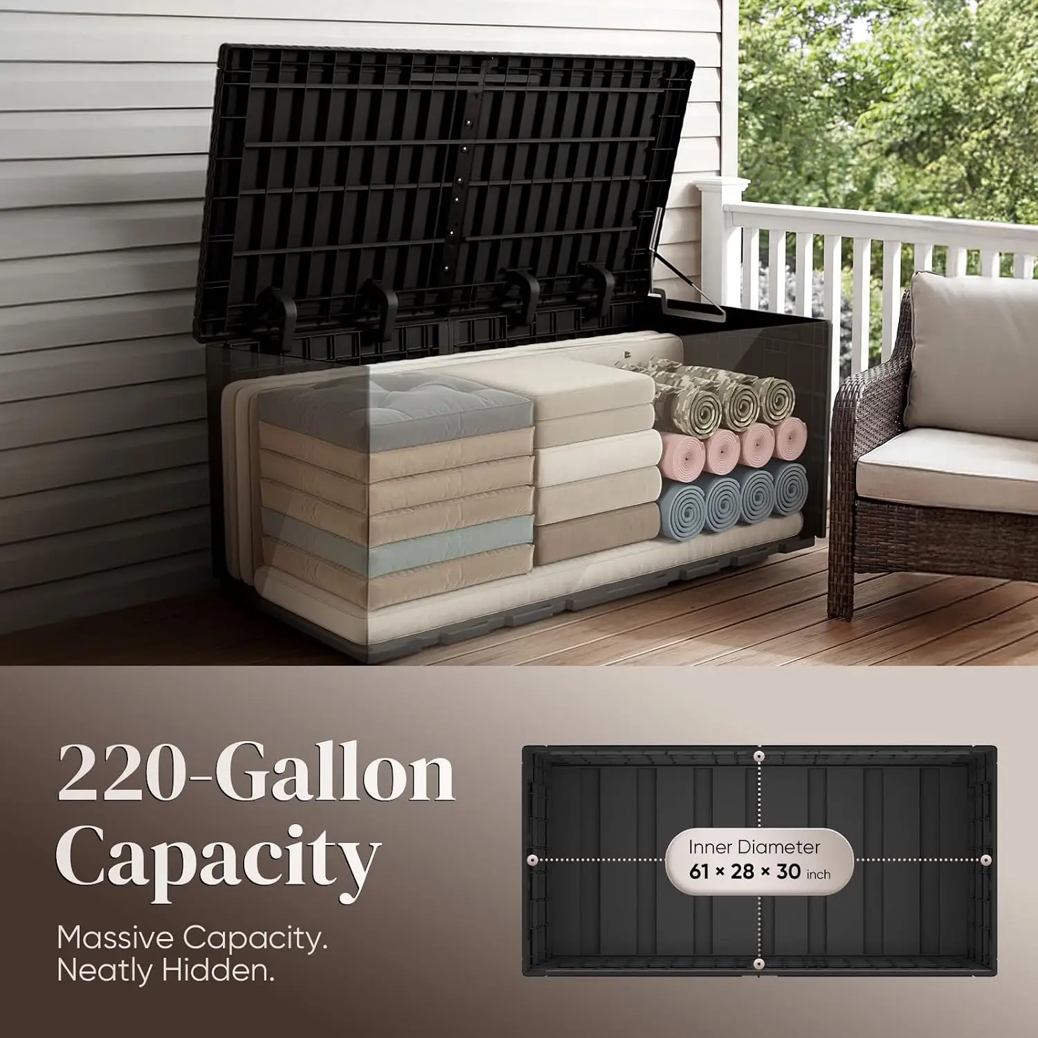 Indoor Outdoor Storage Box 220 Gallon, Large Waterproof Resin Deck Box Organizer Container With Lockable Lid Support, Heavy Duty Weather Resistant Poolside Patio Garden Cushion Bench Cabinet, Gray view 3