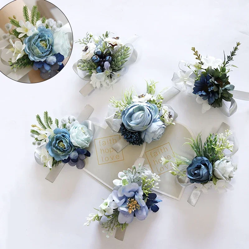 Silk Roses Wrist Corsage Bracelets Wedding Boutonnieres Bridesmaid Groom White Blue Hand Flowers Marriage Prom Accessories