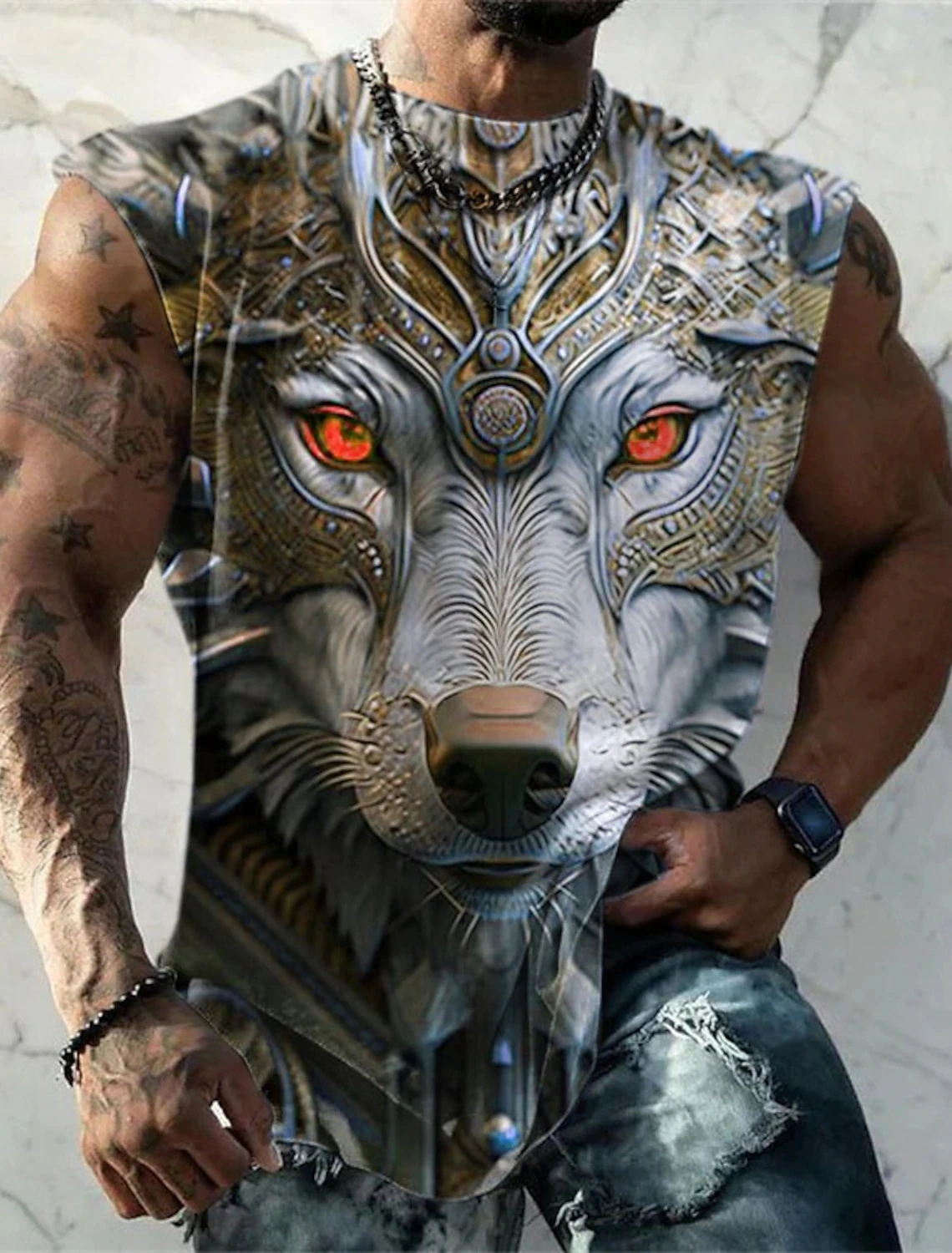 Men\'s Sleeveless Shirt Patterned Printed Wolf Quick Drying Breathable Vest Men\'s Gym Plus Size Basketball Sports Beach Tops