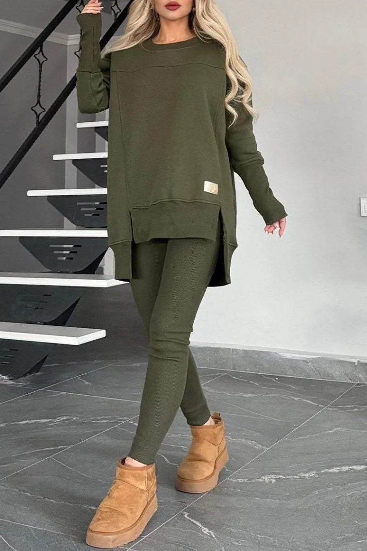 Women's autumn and winter round neck side split long sweater slim pants casual solid color German velvet suit