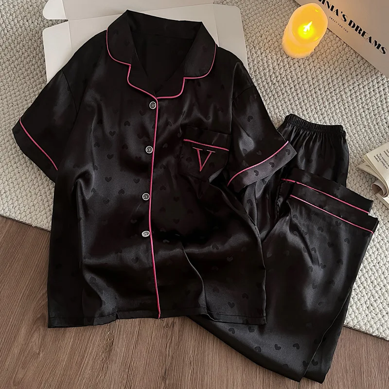 Light Luxury Senior Sense Ins Style Love Jacquard Temperament Fashion Ice Silk Pajamas Female Summer Short-Sleeved Homewear Suit