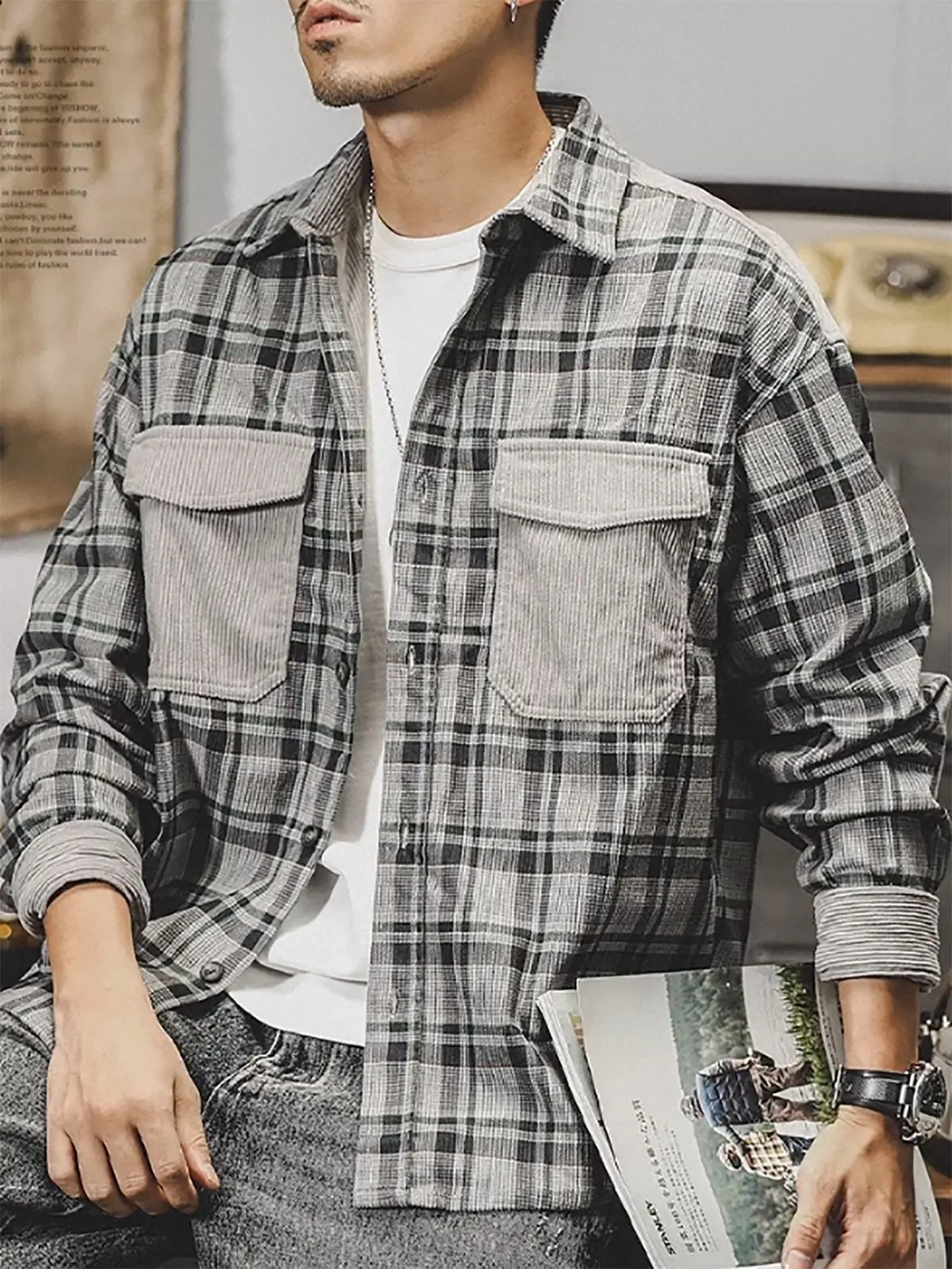 

Men's Fashion Plaid Shirts Autumn Fashion Single Breasted Casual Long Sleeve Lapel Double Pocket Streetwear Trendy Male Shirts