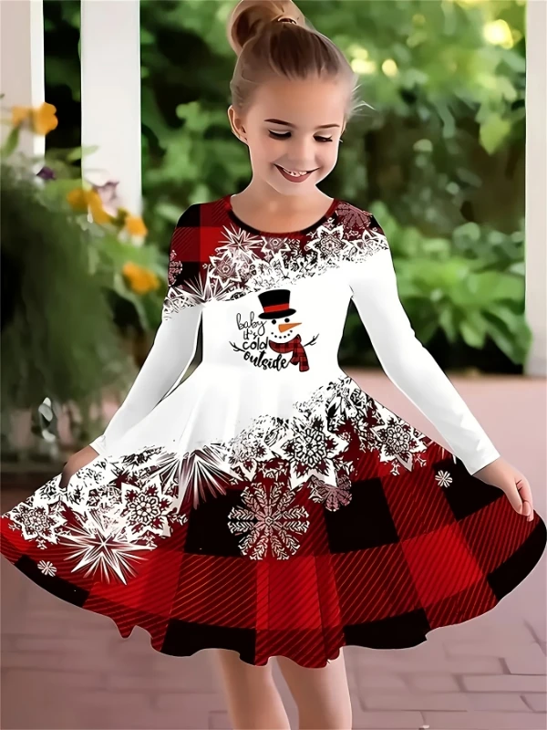

Spring Autumn Baby Girl's round Neck Cartoon Snowman Print Christmas Theme Casual Long Sleeve Dress for Toddlers And Infants