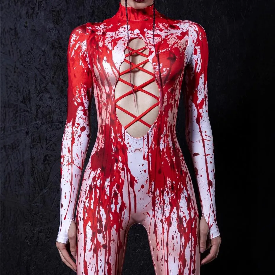 

Women Halloween Party Sexy Hollow Out Jumpsuit 3D Print Bleeding Cyberpunk Tights Carnival Cosplay Costume Bodysuit Stage Outfit