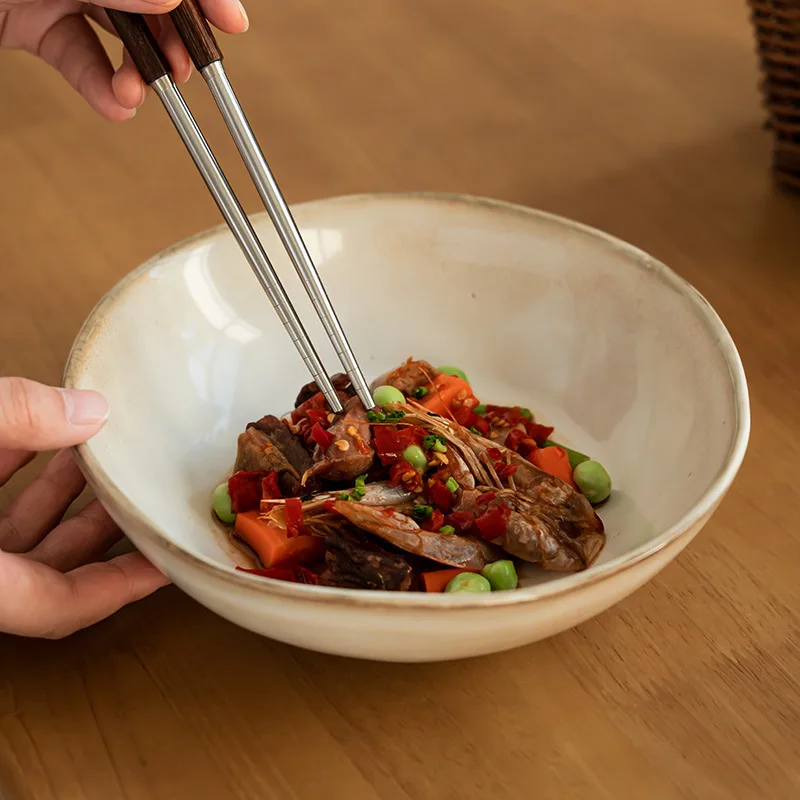 Japanese Retro Style Ceramic Open Bowl, Household Vegetable Glossy Noodle Salad Soup Minimalist Tableware Bowl