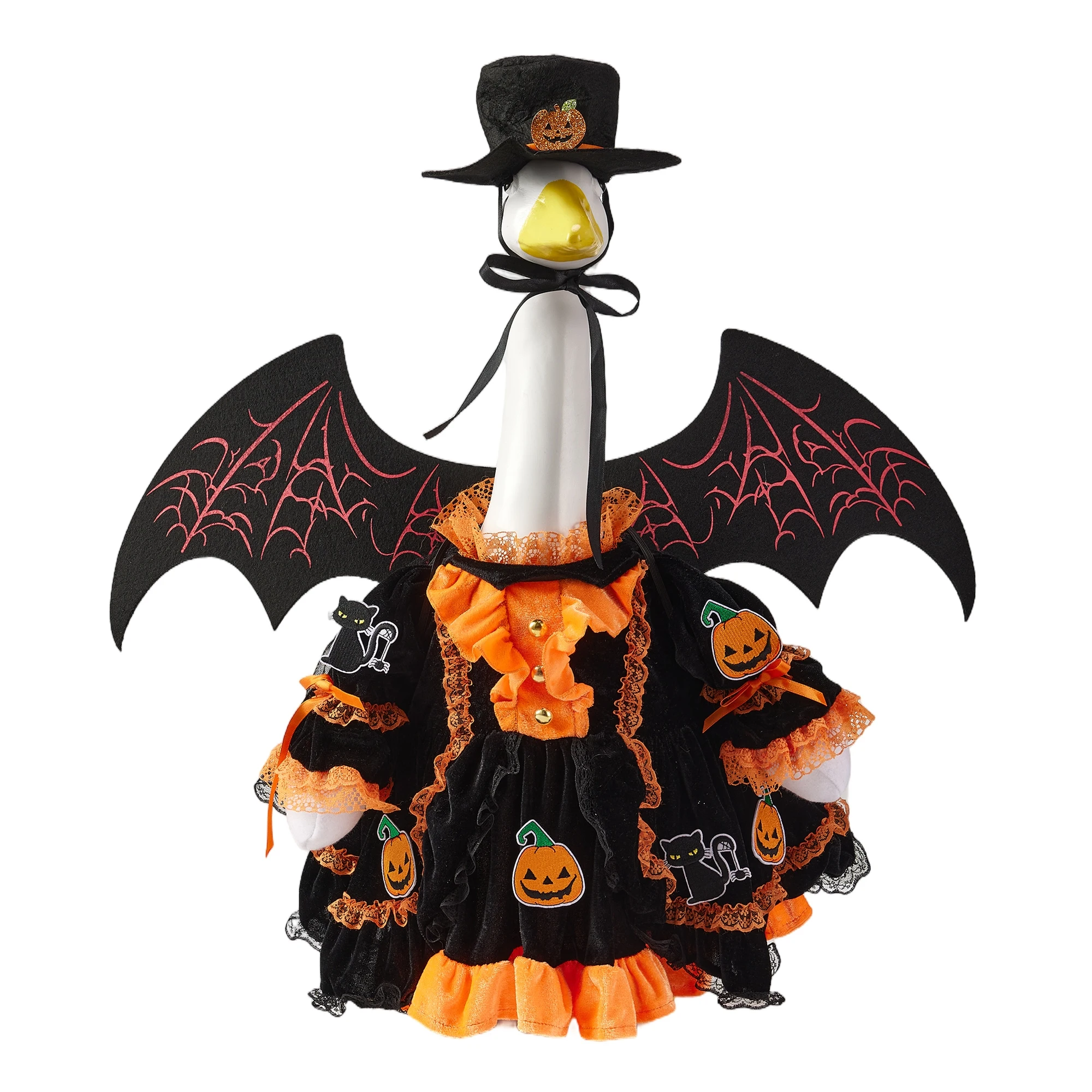 Porch Goose Halloween Outfit Creative Goose Statue Pumpkin Embroidery Dress with Wings Hat for Outdoor Garden Yard