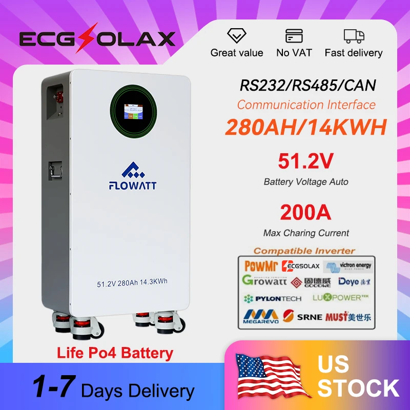 

LiFePO4 48V 280Ah14.33KWH Battery 51.2V Max Charging 200A 16S Lithium Solar Batteria 6000+ Cycles For Home Storage Fit BMS RS485