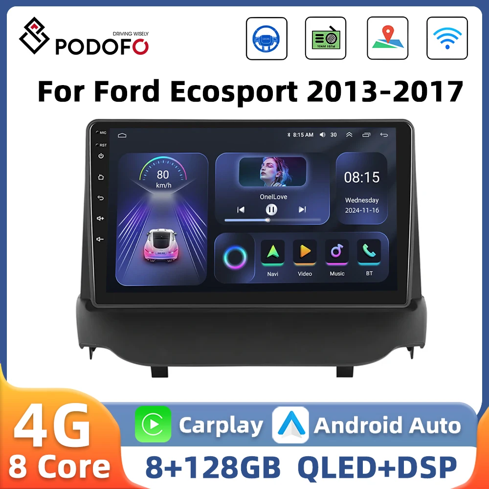 Podofo 8+128G 2Din Car Stereo For Ford Ecosport 2013-2017 9'' Multimedia Player Carplay Android Auto GPS Navigation Car Audio