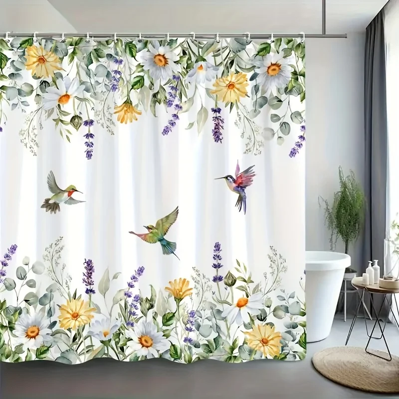 1pc Colorful Floral And Bird Design Shower Curtain, Lively, Ideal for Bathroom Decor, Toilet Shower Curtain, Window & Attractive