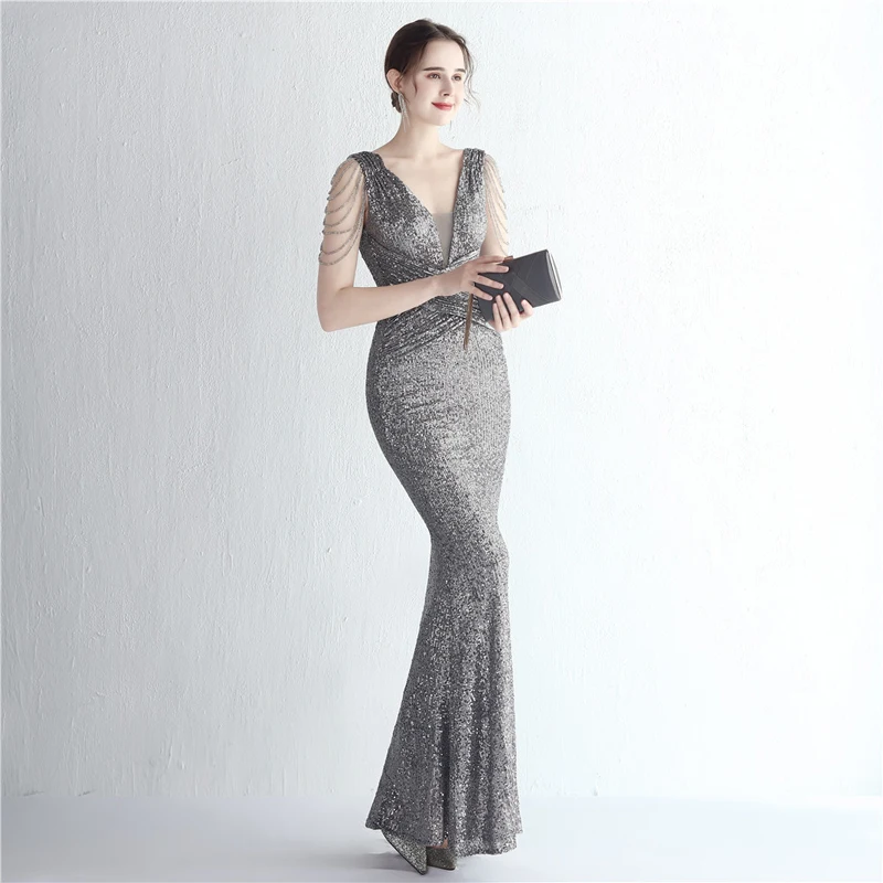 Sexy Women Deep V Nek Beading Patchwork Sequined Seveless High Waist Evening Party Cocktail Long Mermaid Maxi Dress 4XL