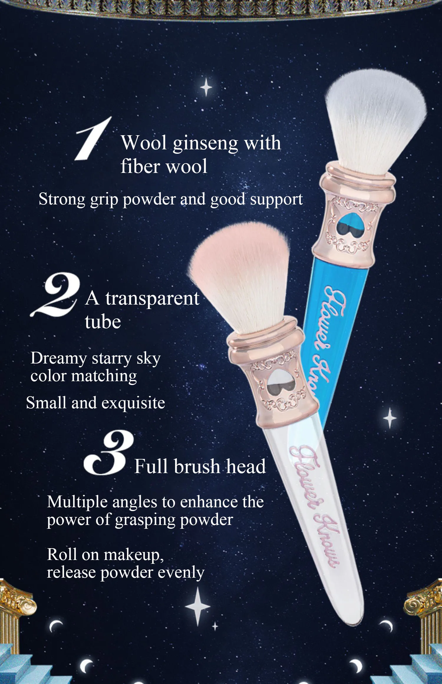 Flower Knows Moonlight Mermaid Blush Spot Brush, Fluffy Stippling Brush, Face Brush, Highlighter, Bronzer, Contour, Soft Makeup Brush