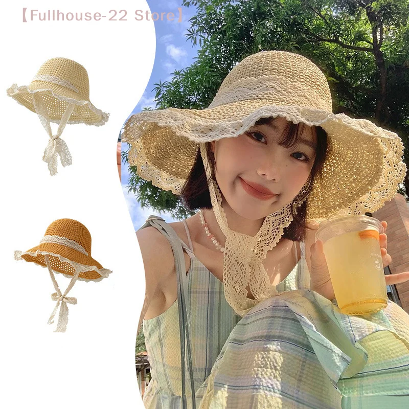 【MAX-22】Summer Lace Straw Beach Hat Foldable Sun Hat With Wide Brim Fresh Stylish Sunblock Shade Hat Perfect For Travel Holiday