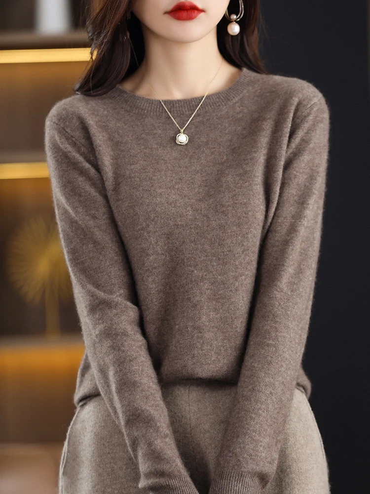 Women Autumn Winter Cashmere Sweater Soft Basic Bottom Pullover Round Neck Casual Simple 100% Cashmere Knitwear Clothing Tops