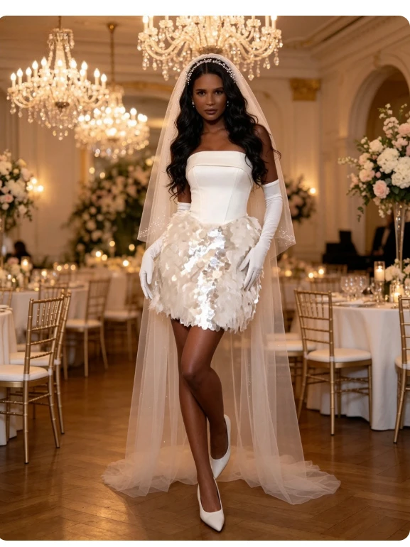 Customized Dignified Graceful Temperament Sparky Sequind Wedding Dresses Charming Strapless Sheath Short Gown for Bride