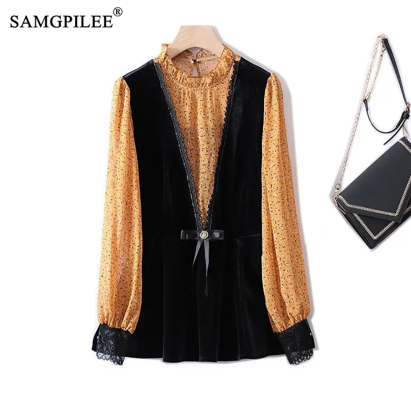 

Oversized T-shirt 2022 Fake Two-piece Chiffon Sleeve Gold Velvet Stitching High Waist Hem Stretch Slim Fit Woman Clothes Tops