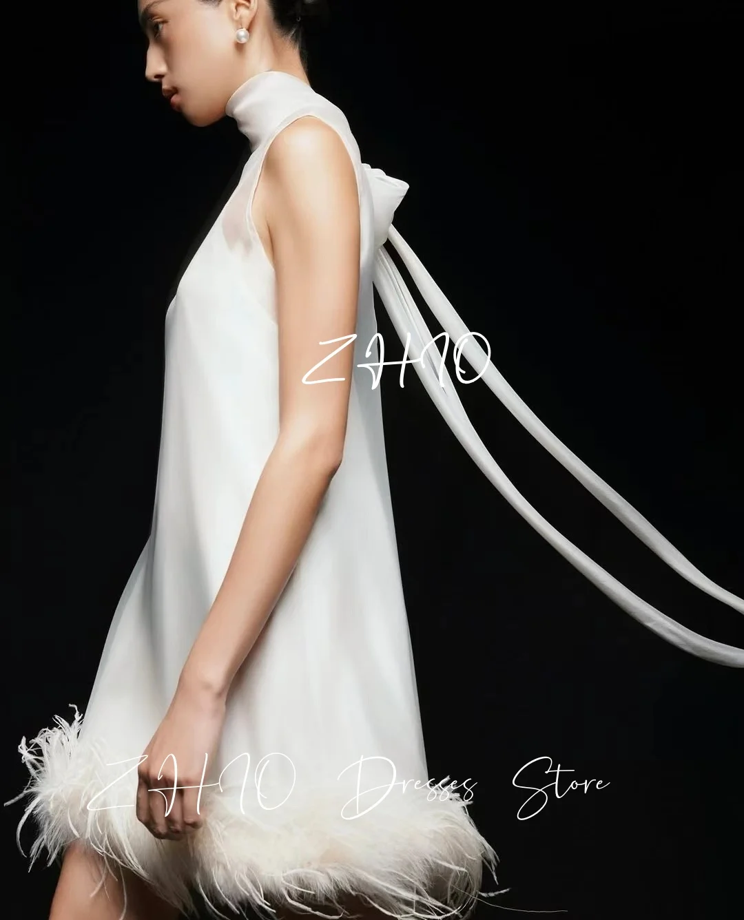 ZHIO Elegant Feathers Short Wedding Party Dress High Neck Sleeveless Bow Ribbons Organza Special Occasion Gown Customized 예복