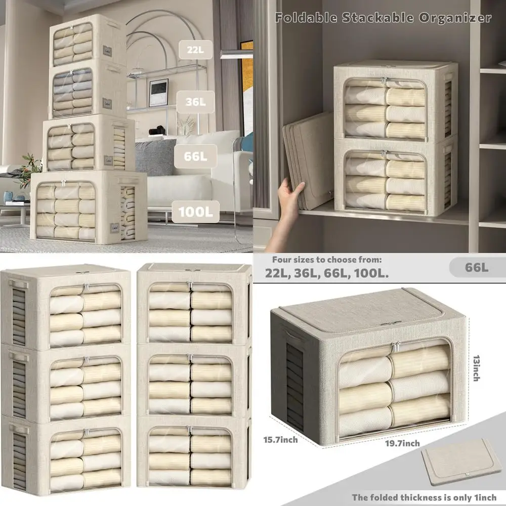 

6-Pack Fabric Storage Bins with Clear Window, Beige, 19.7x15.7x13 inches (66L)