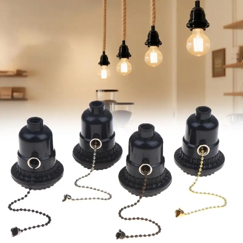 Black Pull Chain Switch Lamp Holder E26 E27 Socket Adapter Light Bulb Base Converter For Lamps Repair Kit Screw In Socket