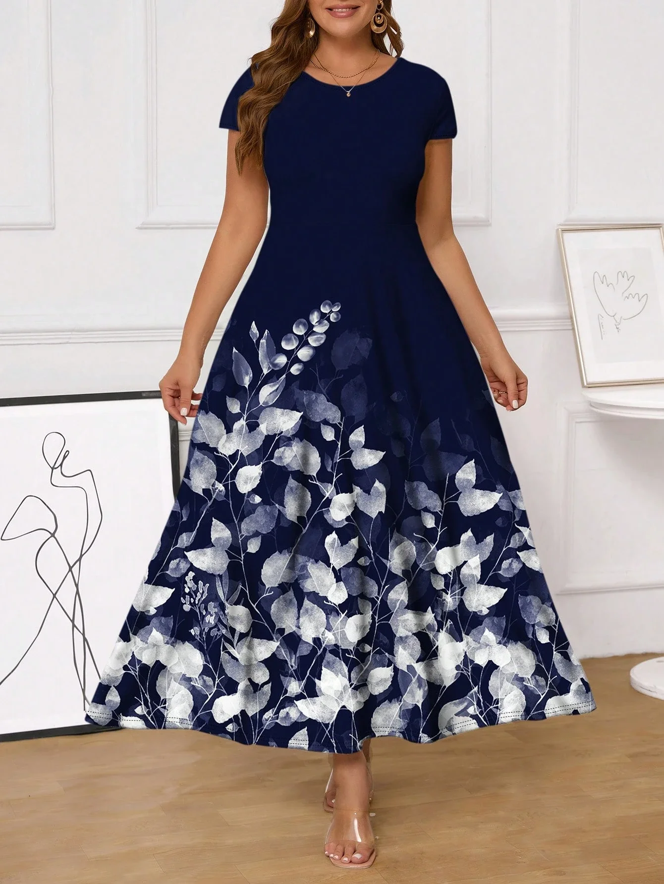 

Plus Size Women Casual Floral Print Round Neck Short Sleeve A-Line Dress