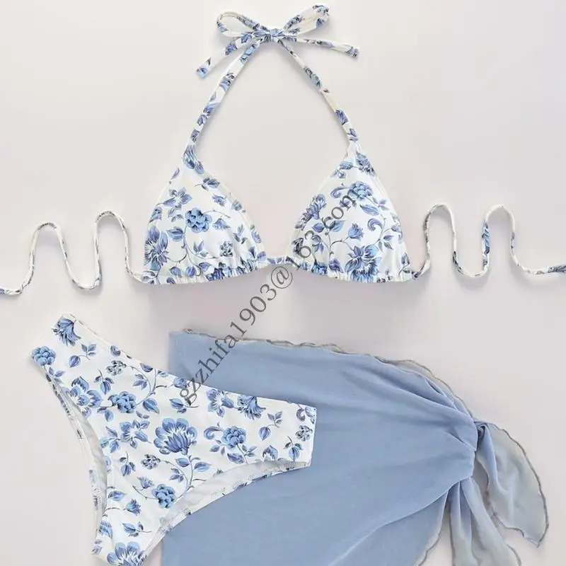 Phụ nữ mặc đồ bơi mảnh với váy che phủ bãi biển phụ nữ in đồ bơi mảnh Halterteck thong Suit .A5KC