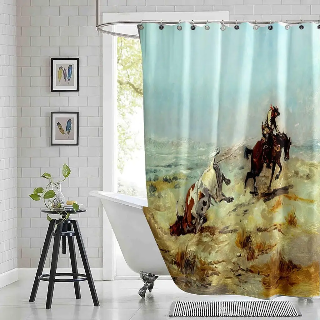 Western Cowboy Shower Curtain Horse Riding Rodeo Scene Bathroom Decor Rustic Farmhouse Style Bath Curtain for Home Decoration