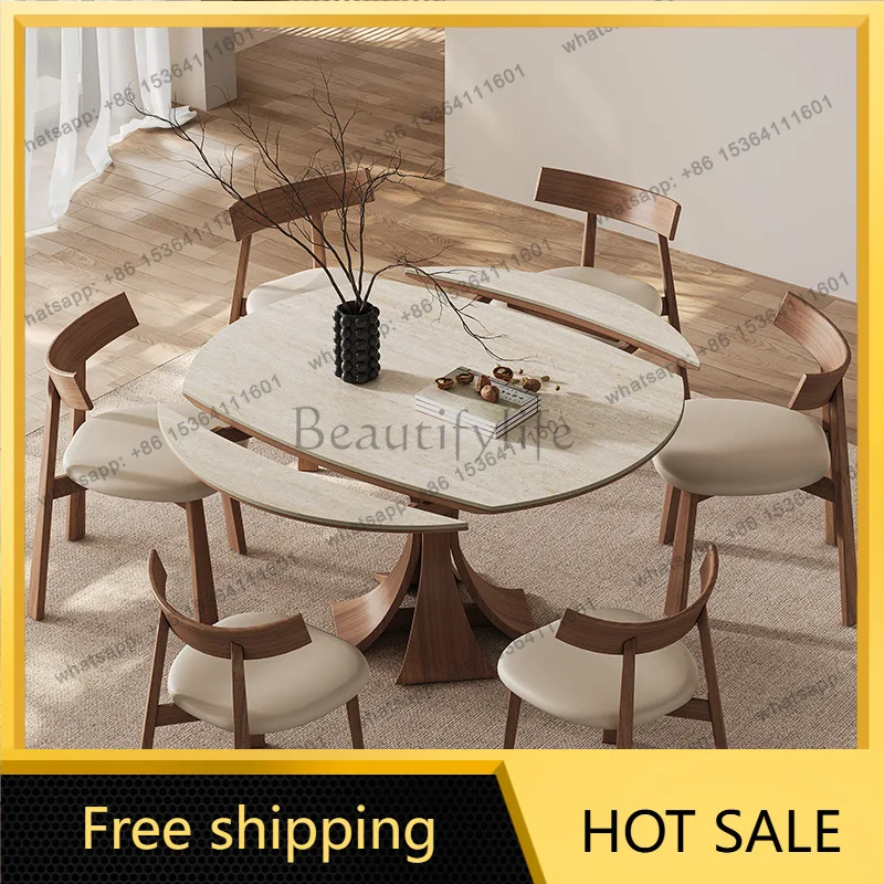Factory Direct Sales French Retro Medieval Retractable Rock Slate Dining Table Solid Wood Travertine Rock Slate Dining Table