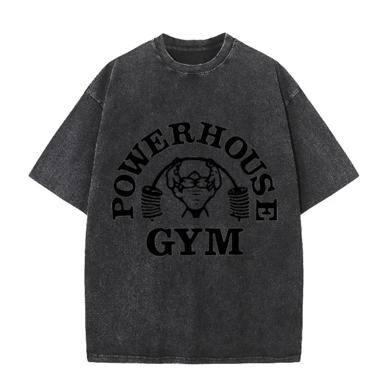 Powerhouse Gym Fitness Print Vintage Washed T-Shirt Gym Workout Casual Tee – Detail 11