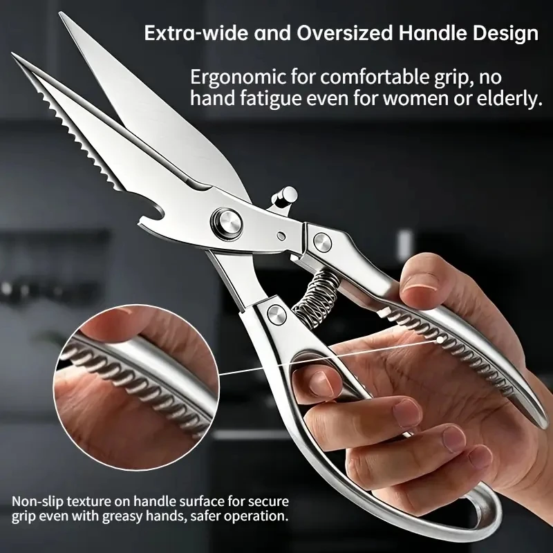 All-Stainless Steel Powerful Multi-Functional Kitchen Chicken Bone Scissors, Labor-Saving Tool for Cutting Chicken and Duck Ribs, Seafood Hard Shells, Fresh Fruits and Vegetables, with Sharp and Durable Serrated Blades That Won'T Slip or Get Stuck When Cutting Meat The Handle Has a Serrated Nut-Cracking Tooth on the Inside, and the Blade Integrates a Bottle Opener and Serrated Fish Scale Scraper. a Practical Kitchen Tool Essential for Home Cooking, Suitable for Personal Use and as a Gift.
