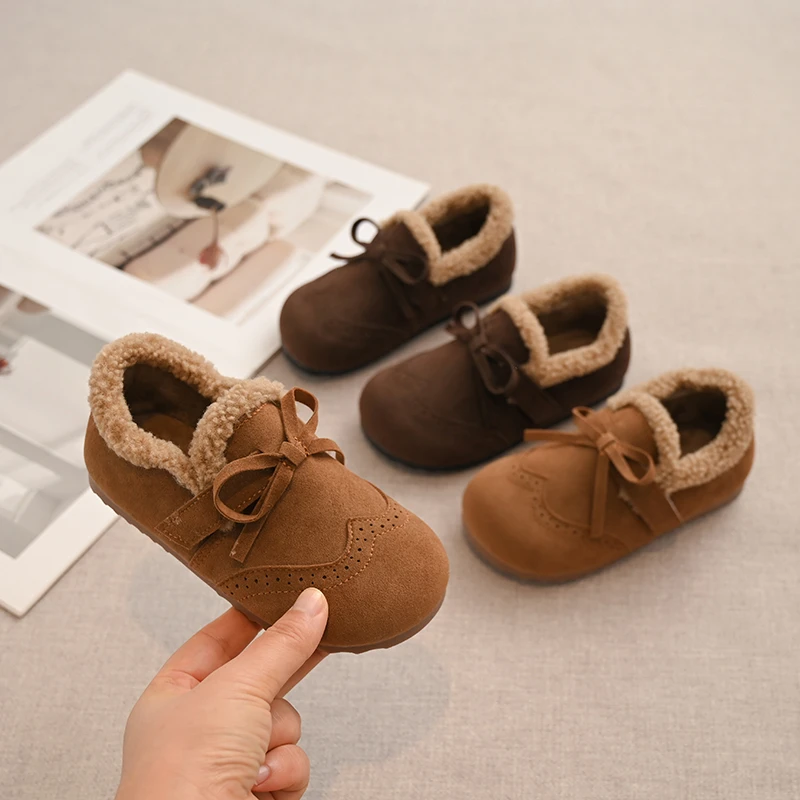 Girls Warm Fleece Lined Leather Shoes with Bow 2025 New Winter Toddler Walking Shoes Soft Sole Non-slip Versatile Outdoor Play