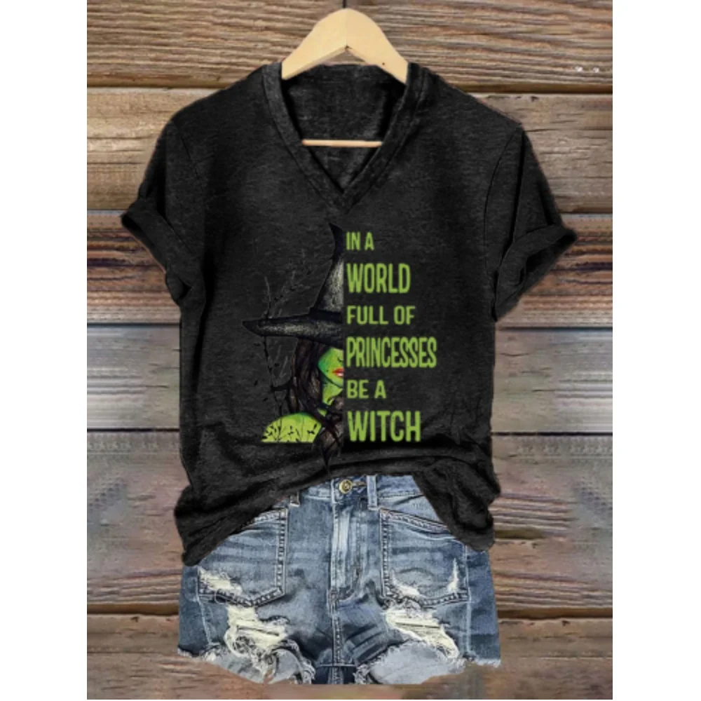 Fashion Witch Print Tshirt V-Neck Short Sleeves Green Women\'s Tshirts Summer Casual Oversize Clothing 2024 Halloween New Clothes